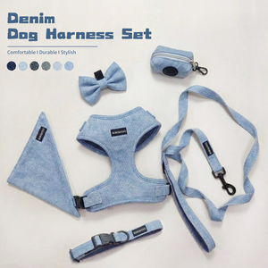 Custom Logo OEM ODM Luxury Denim Dog Harness Set Adjustable Soft Jean Fabric Dog Vest Harness Durable Pet Leash Collar Set