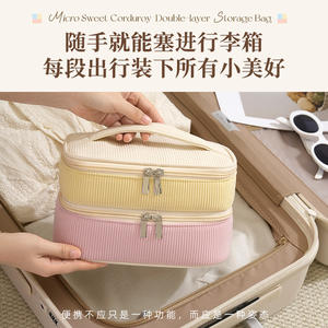 Bolsa de Cosméticos Estilo Coreano, de Pana, con Cierre, Portátil, para Viaje, Estuche de Almacenamiento de Maquillaje, Color Rosa Beige Sólido con Contraste - Product Image 4