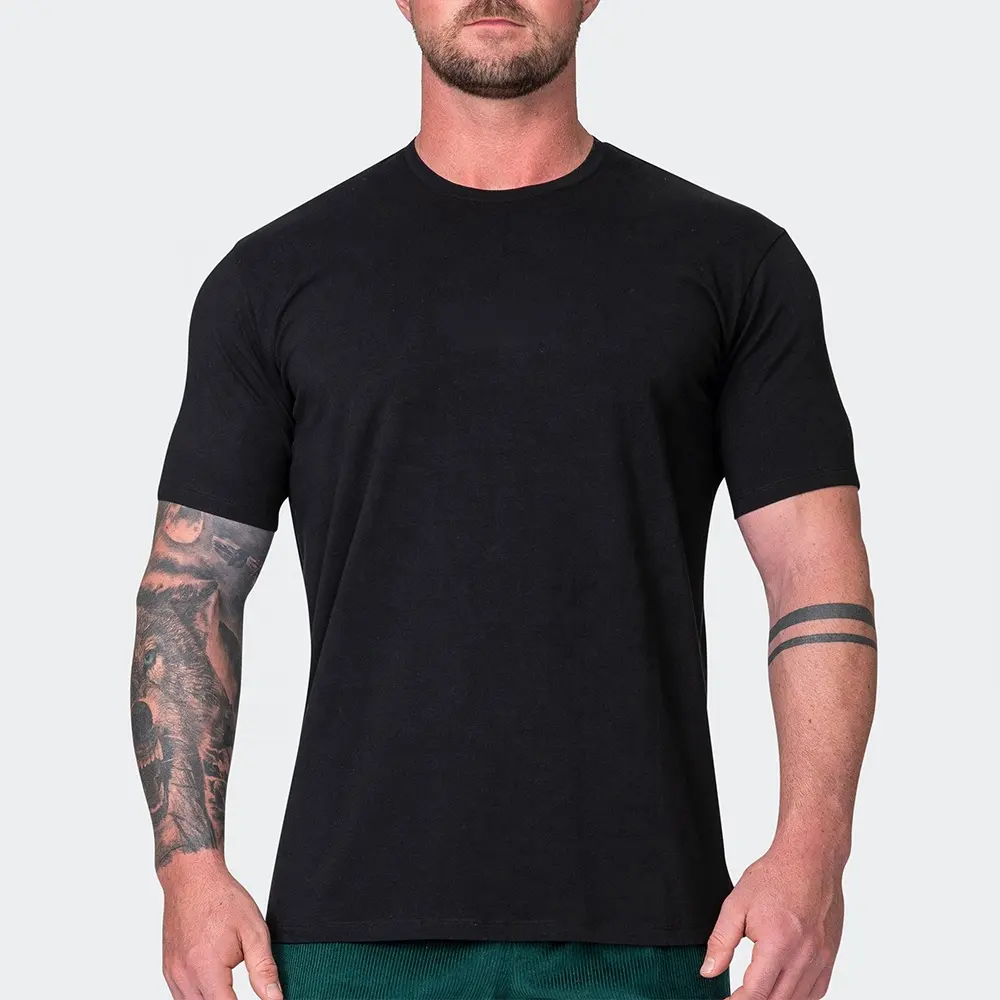 Großhandel Regular Fit Rundhals ausschnitt Baumwolle Spandex Blank Schwarz T-Shirts Für Männer