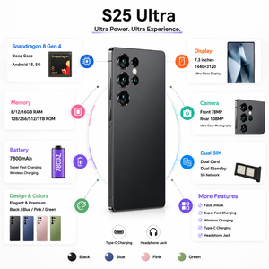 สมาร์ทโฟน Original S25 Ultra ความจุ 512GB+12GB รองรับ 4G LTE ทั่วโลก ระบบปฏิบัติการ Android 15 รองรับสองซิมการ์ด สแตนด์บายสองซิม ปลดล็อคด้วยใบหน้า หน้าจอขนาดใหญ่ แบตเตอรี่ 8000mAh - Product Image 6