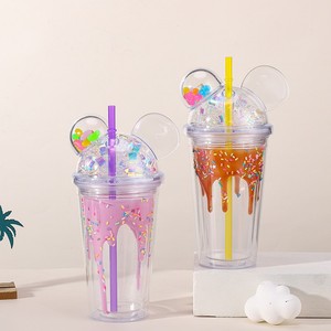 450ml Cute Dripping Ice Cream Mickey Ear Themed Double Wall <b>Plastic</b> Tumbler with Straw Multicolor Confetti Dome Lid - Product Image 4