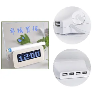 Termometer jam Alarm Digital LCD multifungsi, dengan 4-Port USB HUB + papan pesan dengan lampu latar LCD pesan yang ditandai dengan baik
