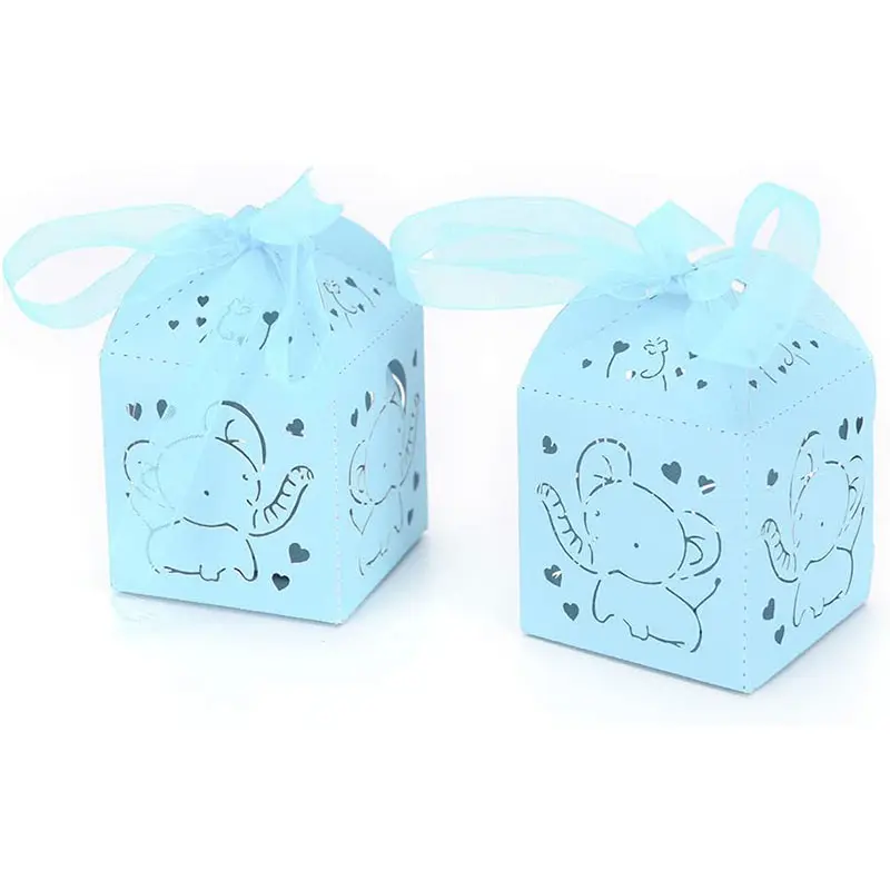 Unique Baby Blue Elephant Gift Box Laser Cut Paper Party Treat Box Boy Baby Shower Mini Candy Boxes for Guests