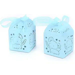 Unique Baby Blue Elephant Gift Box Laser Cut Paper Party Treat Box Boy Baby Shower Mini Candy Boxes for Guests