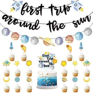 Parti seti güneş afiş gezegen afiş kek Toppers yolculuk uzay güneş doğum günü dekorasyon etrafında ilk gezi içerir