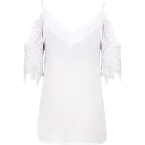 <b>Women's</b> V Neck <b>Cold</b> <b>Shoulder</b> <b>Top</b> Spaghetti Strap Lace Crochet Short Sleeve Breathable Regular Length 100% Polyester - Product Image 5