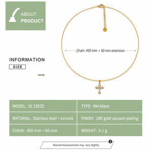 Collier pendentif croix orné en acier inoxydable avec zircone, plaqué or 18 carats sous vide, chaîne réglable, tons or et argent - Product Image 3