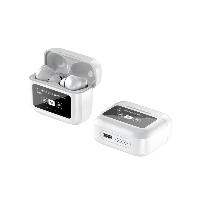 Latest ANC ENC Noise Cancelling Earphone HD Stereo Hifi Sound Wireless In-ear Headphone LCD Full Touch Display Screen Earphone