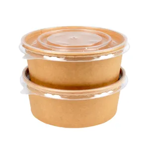 Recyclable Free Design Customized Disposable Food Grade Products Take-away Kraft Paper Lunch Meal Bowl With Plastic Lid