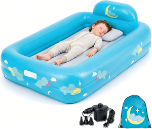 Blue Moon Star Print Kids <b>Inflatable</b> Travel Bed with Safety Rails for Toddlers Camping Home - Product Image 1