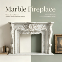 Manteau de cheminée en marbre blanc de luxe. Encadrement élégant en pierre naturelle sculptée à la main de style français pour la décoration classique du salon.