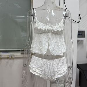 Pigiama Sexy estivo lavorato a maglia QINSI pantaloncini a canotta in <span class=keywords><strong>pizzo</strong></span> a due pezzi 2 pezzi Set pij senza maniche pigiama da donna - Product Image 4
