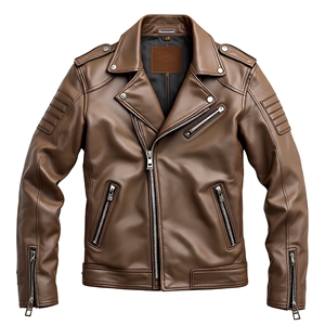 Blouson moto en cuir marron pour homme, avec fermeture éclair, style motard, grande taille, col rabattable, design intégral, collection automne - Product Image 1