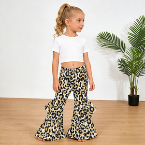 Pantalones de chándal con volantes personalizados para niña pequeña, pantalones acampanados con estampado de leopardo para niña, pantalones de fitness, fábricas de ropa para bebés <span class=keywords><strong>en</strong></span> Guangzhou - Product Image 4