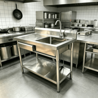 Évier simple en acier inoxydable pour restaurant avec égouttoir et tiroir de rangement sous l'étagère