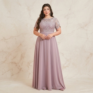 Vestido de Noche de Lujo Tallas Grandes, Color Malva Empolvado, con Encaje y Chifón, Manga Corta, Largo Maxi, para Invitadas de Boda y Banquetes - Product Image 1