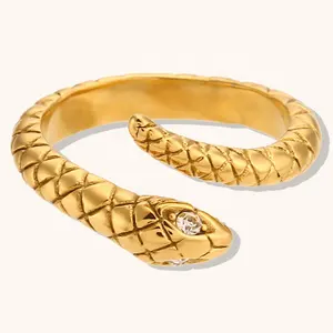 Dingran gros réglable serpent forme anneaux 18k plaqué or en acier inoxydable bijoux étanches Zircon anneaux