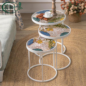 The Seventh Day Nesting <b>Side</b> <b>Table</b> <b>Set</b> Tempered Glass Top Hand Painted Floral Design For Living Room Coffee <b>Table</b> - Product Image 1