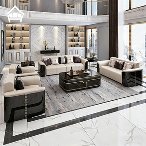 Ensemble de canapés en cuir moderne de luxe, laque noire, finition dorée, meubles de salon, canapé 1+2+3 places avec table basse pour villa, hôtel - Product Image 1
