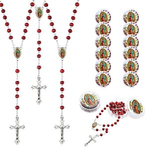 12 pezzi rosso profumo di perline in legno croce sacra ciondolo Guadalupe centro collana fatta <span class=keywords><strong>a</strong></span> <span class=keywords><strong>mano</strong></span> rosario cattolico con scatola - Product Image 1