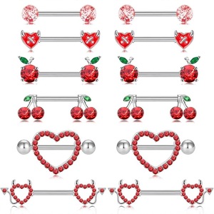 Joyería de moda al por mayor de alta calidad, piercing para pezón de acero inoxidable con circonita y esmalte, en forma de corazón de cereza, joyería sexy. - Product Image 1