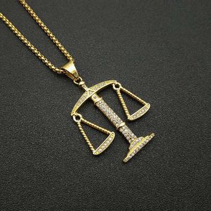 Collier Pendentif Zodiaque Balance en Acier Inoxydable Plaqué Or avec Sertissage Pavé, Chaîne 3mm 61cm, Bijoux Hip Hop - Product Image 1