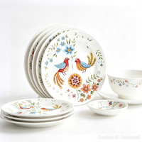Assiette en céramique de porcelaine ronde à motif floral d'oiseaux, vaisselle multicolore pour la salle à manger à domicile