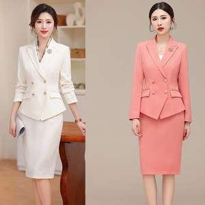 Women's Double Breasted Suit Set Midi Skirt Office Lady Style Anti Wrinkle Worsted Fabric Commuting Work Wear - Product Image 1