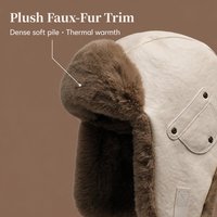 Chapeau de trappeur vintage en similicuir crème avec cache-oreilles en fausse fourrure moka, style aviateur chic d'hiver, bonnet Ushanka bomber