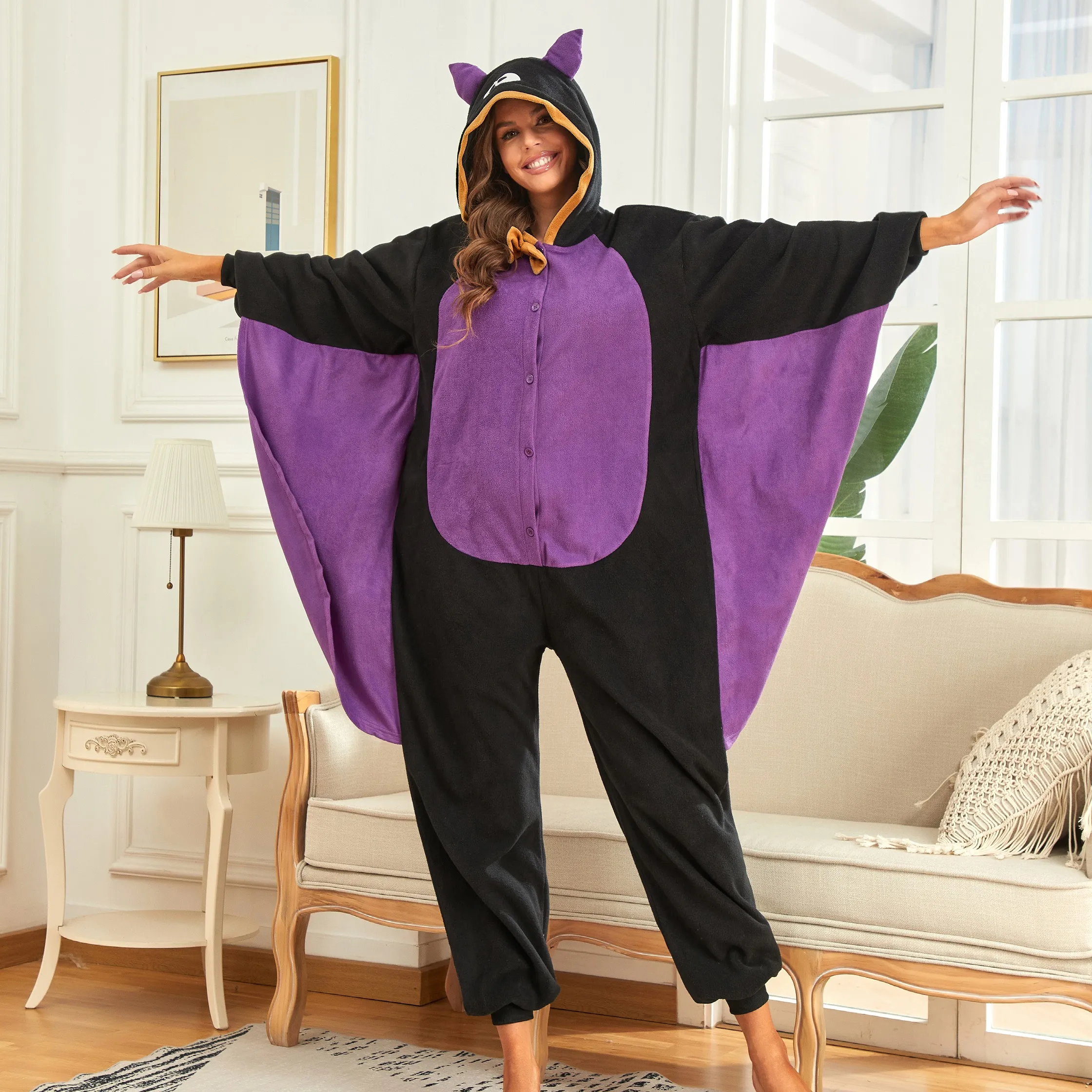 Halloween Volwassen Cartoon Vleermuis Pyjama Één Stuk Performance Jurk Winterkleding Voor Dames Geweven Dames Winter Fluwelen Set