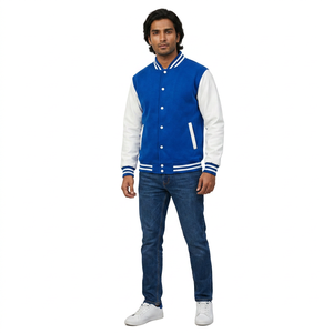 FINER THREADS Custom Made Men's Genuine <b>Leather</b> Varsity <b>Jacket</b> with Breathable Fabric Stand Collar Regular Sleeves for <b>Winter</b> - Product Image 1