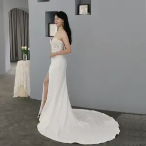 Modern yüksek kalite saten dantel ile düğün elbisesi fabrika basit mermaid yarık gelin kıyafeti lady vestido de novia için