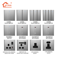 Enchufes e Interruptores de Pared Estándar del Reino Unido KLASS, Tipo 86mm, 15A, Gris+Negro, con USB/Tipo-C, Panel de Acero Inoxidable
