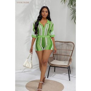 Ensemble deux pièces rayé vert ajouré pour femme 2026, col rond, manches courtes, tenue de plage pour vacances d'été - Product Image 4