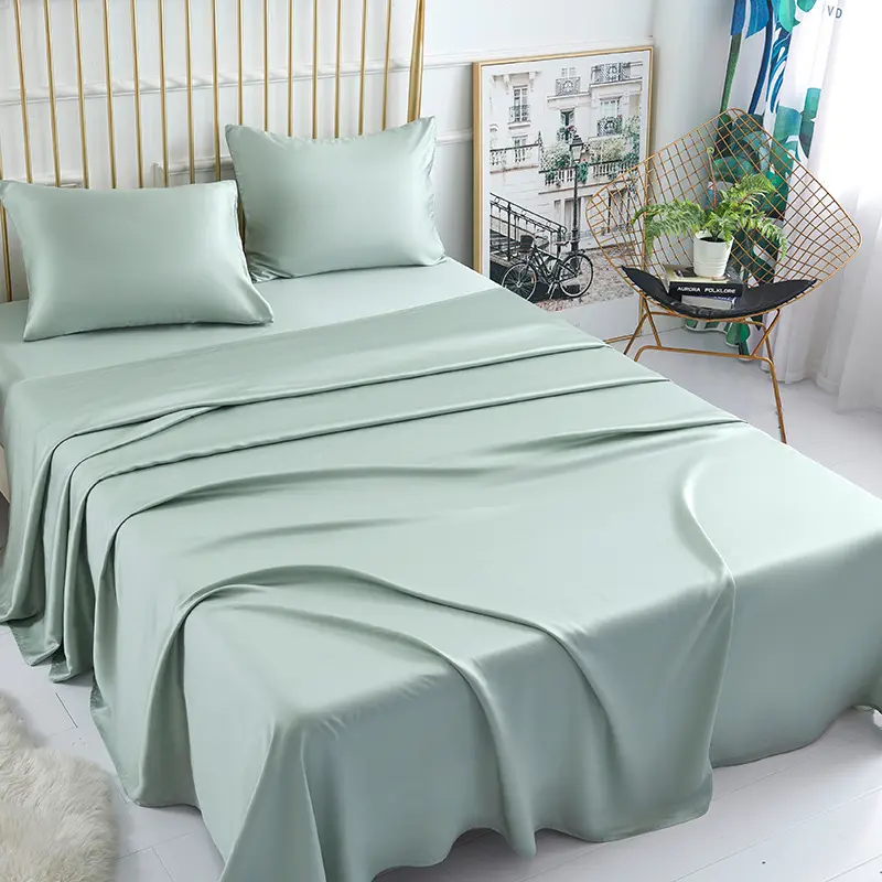 ชุดเครื่องนอนสีสันสดใส,ชุดผ้าปูที่นอนขนาดพอดีหรูหราทำจากไม้ไผ่และโพลีเอสเตอร์สีเขียวสำหรับบ้าน