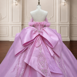 Vestido de Quinceañera Lsmc139, Exquisito Vestido de Gala Rosa, Satinado, con Hombros Descubiertos, Flores y Apliques de Cuentas, Jancember - Product Image 4