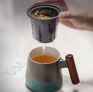 Luxus Becher Keramik Tee Tasse Handgemachte Chinesische Retro adornos Kaffee adornos Teetasse Teegeschirr Wasser Tasse Holzgriff B