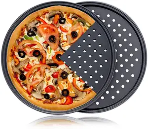 ハンドル付きオーブン耐熱皿ピザトレイ用の穴が付いた焦げ付き防止の丸い炭素鋼ベーキングピザパン
