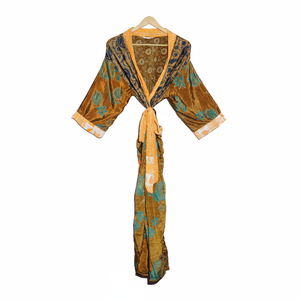 Indien recyclé Sari femmes à la main longue Floral Kimono Robe de chambre thermique respirant nuit Maxi ethnique Robe printemps automne - Product Image 1