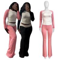 Strechy Cropped Top Fold-Over Flare Pants Set Women Model Bamboo Two-Piece Set