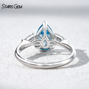 Bague de fiançailles en diamant bleu taille poire 2 carats, bague à 3 pierres pour femme, or blanc 10K, bijoux de mariée - Product Image 4