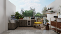 Cuisine extérieure modulaire en acier inoxydable sur mesure avec îlot, armoires, barbecue, évier et réfrigérateur pour jardin et villa