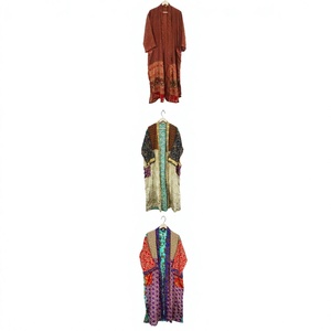 Robe vintage en patchwork pour femmes, longue, à manches longues, sans col, imprimée, tissée, 100% soie, douce, vêtements de nuit d'automne - Product Image 1