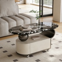 Table basse ovale de style italien de luxe léger avec roulettes et tiroirs, table basse mobile pour salon