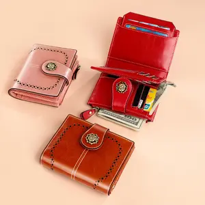 Custom 12 Colors Leather Wallets Vintage Flowers Button Women's Coin Purse Anti-theft RFID Blocking Wallet