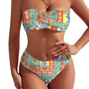 ZAFUL Summer Women's Strapless Twist Bandeau Bikini 2 Piece Swimwear Cheeky Solid Lace up BIKINIS &amp; <strong>BEACHWEAR</strong> - Product Image 1