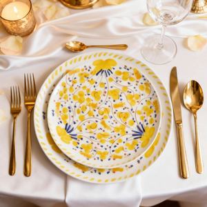 European Yellow Pastoral Plant Bone China Durable Eco-Friendly Plate <b>Set</b> Custom Wedding Banquet Decorative <b>Dinnerware</b> - Product Image 6