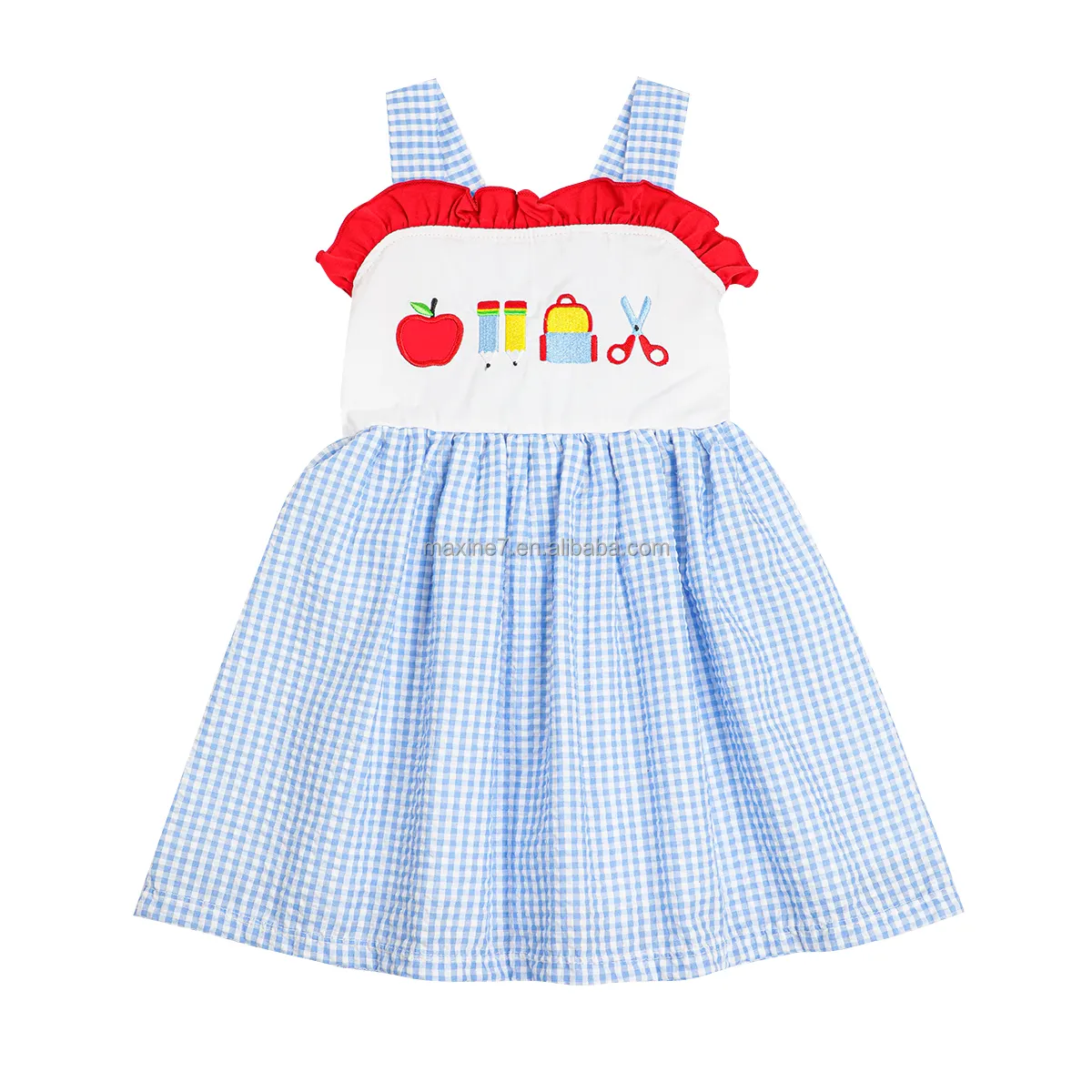 Boutique de roupas infantis sem mangas para meninas, vestido de primavera de alta qualidade com bordado de volta às aulas, vestido personalizado para meninas