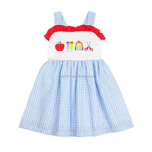 Boutique de roupas infantis sem mangas para meninas, vestido de primavera de alta qualidade com bordado de volta às aulas, vestido personalizado para meninas