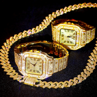 Montre à chaîne cubaine pour hommes Hip Hop Miami Curb Iced Out Paved Rhinestones Bling Rappeur Collier Montre + Bracelet Bijoux